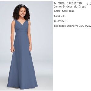 New junior bridesmaid David’s bridal dress steel blue surplice chiffon tank